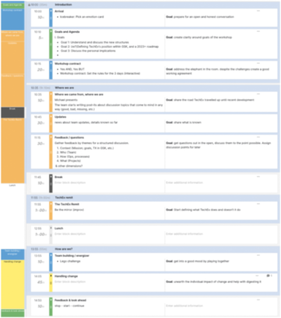 workshop agenda with color-coded categories